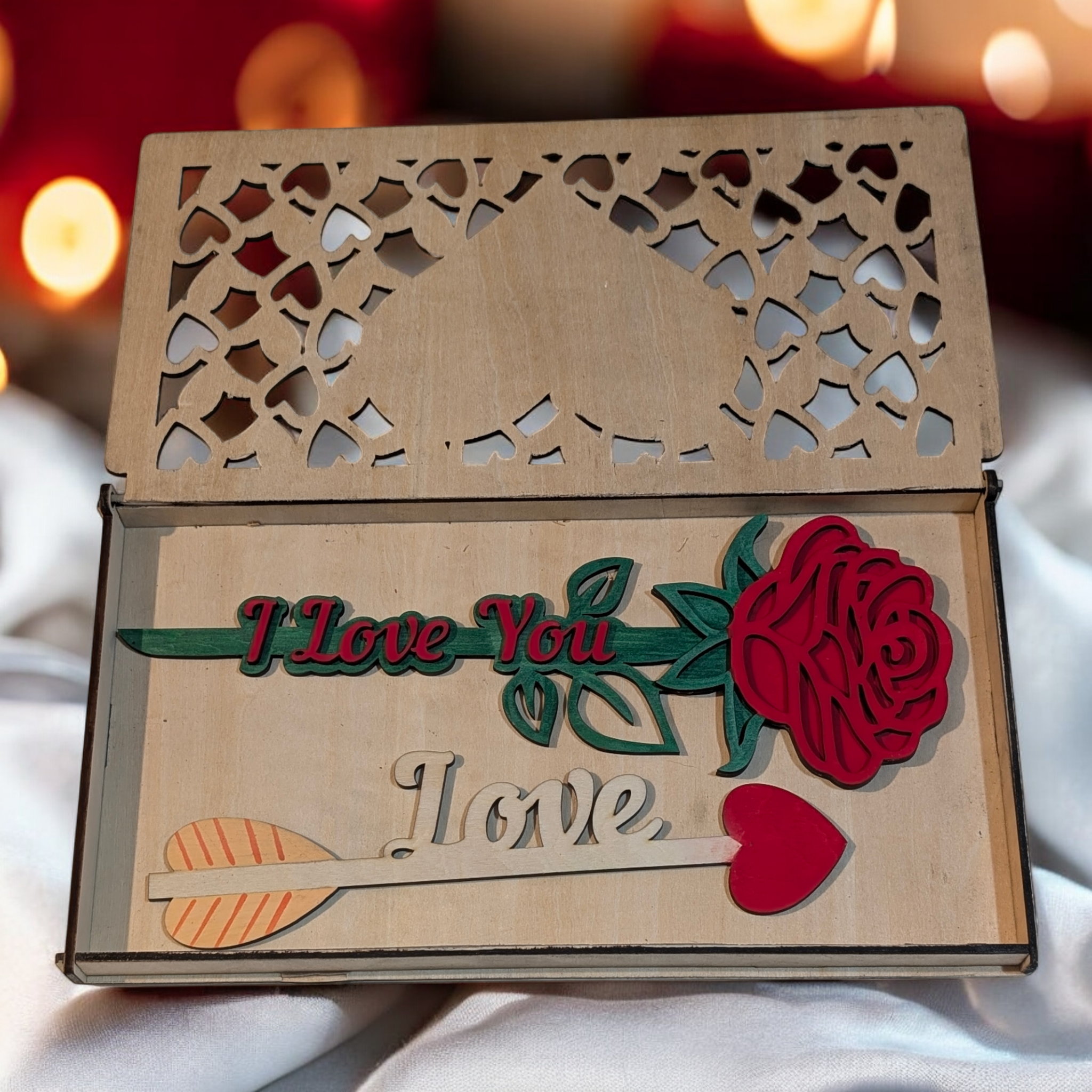 Valentines box with wooden rose and arrow