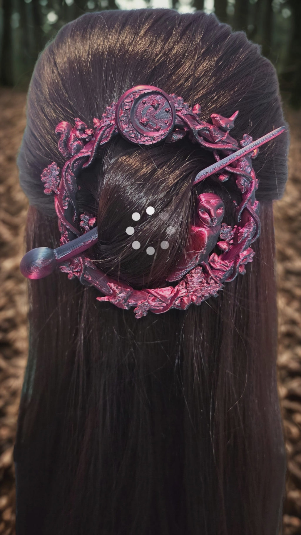 Hair brooch - forest theme featuring an owl and a squirrel - 3d printed